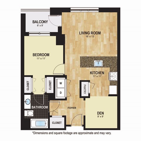 Floor plan for 1 bed, 1 bath, 854 sqft